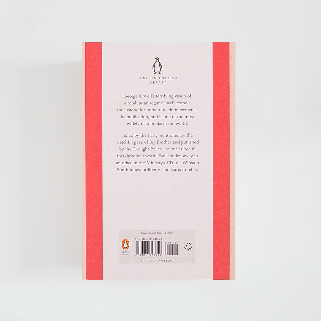 Contraportada del libro Nineteen-Eighty-Four de George Orwell con sinopsis sobre franja de color gris.