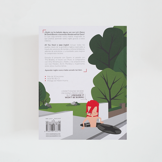 Contraportada del libro All You Need is English de Superbritánico con sinopsis acompañada por ilustración de David Bowie.