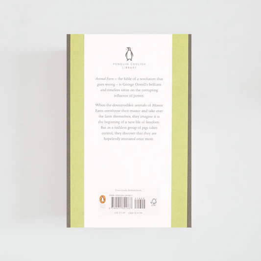 Trasera verde y amarilla con sinopsis del libro en inglés Animal Farm de George Orwell de la colección Penguin English Library sobre fondo blanco.