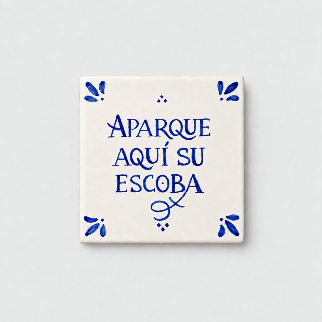 Azulejo decorativo de cerámica blanca con bordes y letras pintadas a mano en azul cobalto. En el centro se lee la frase en español 'APARQUE AQUÍ SU ESCOBA'. El diseño incluye detalles ornamentales en las esquinas y pequeños puntos decorativos, sobre un fondo de pared blanca con textura rugosa.
