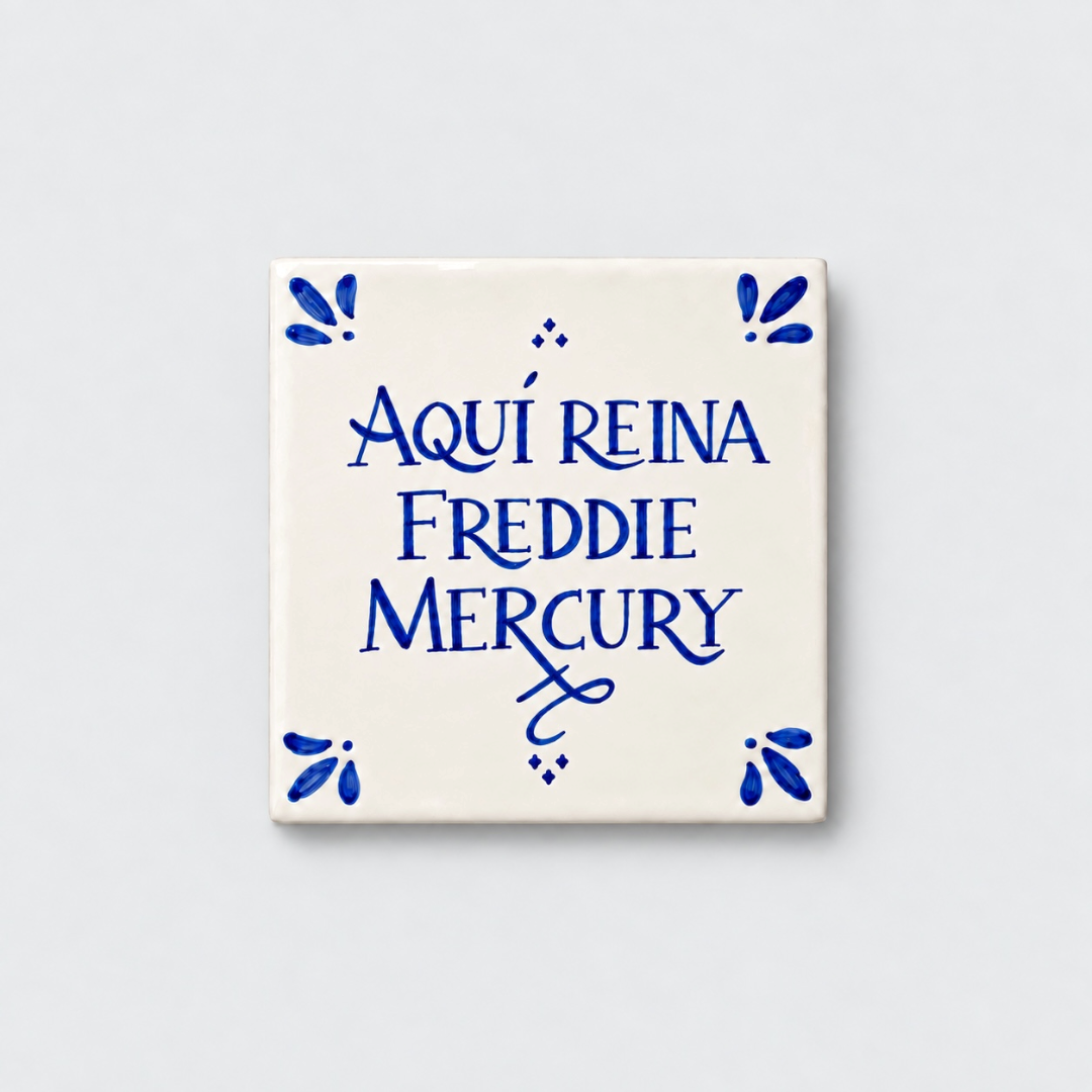 Azulejo decorativo de cerámica blanca con bordes y letras pintadas a mano en azul cobalto. En el centro se lee la frase en español 'AQUÍ REINA FREDDIE MERCURY'. El diseño incluye detalles ornamentales en las esquinas y pequeños puntos decorativos, sobre un fondo de pared blanca con textura rugosa.