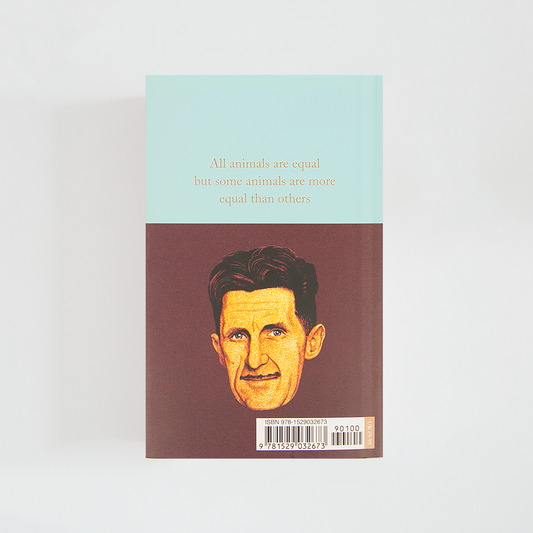 Trasera del libro Animal Farm de George Orwell (The Collector's Library) de color celeste acompañada de imagen inspirada en la novela.