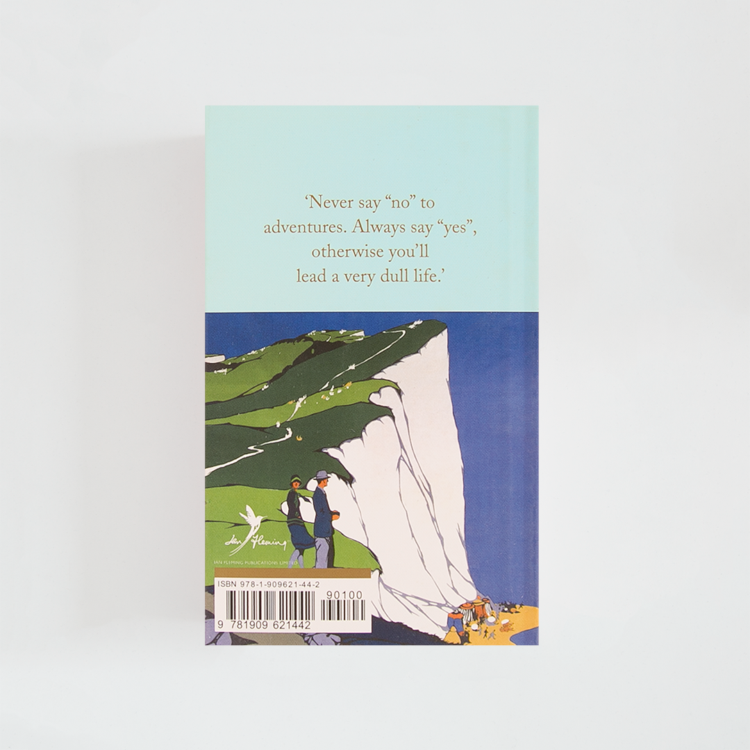 Trasera del libro Chitty Chitty Bang Bang de Ian Fleming (The Collector's Library) de color celeste acompañada de imagen inspirada en la novela.