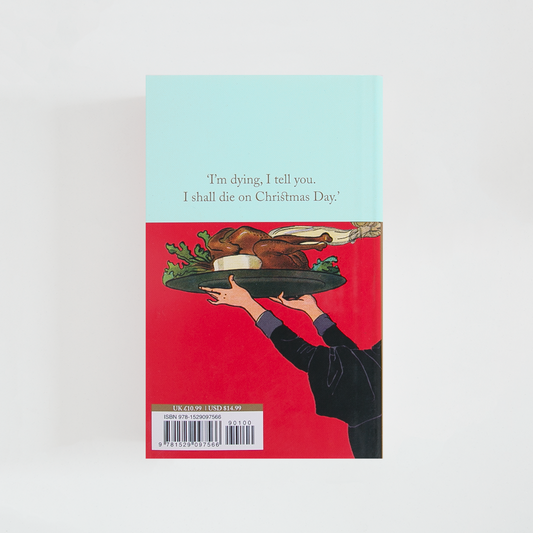 Trasera del libro Classic Christmas Crime Stories de David Stuart Davies (The Collector's Library) de color celeste acompañada de imagen inspirada en la novela.