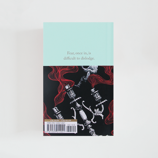 Trasera del libro Classic Horror Stories de David Stuart Davies (The Collector's Library) de color celeste acompañada de imagen inspirada en la novela.