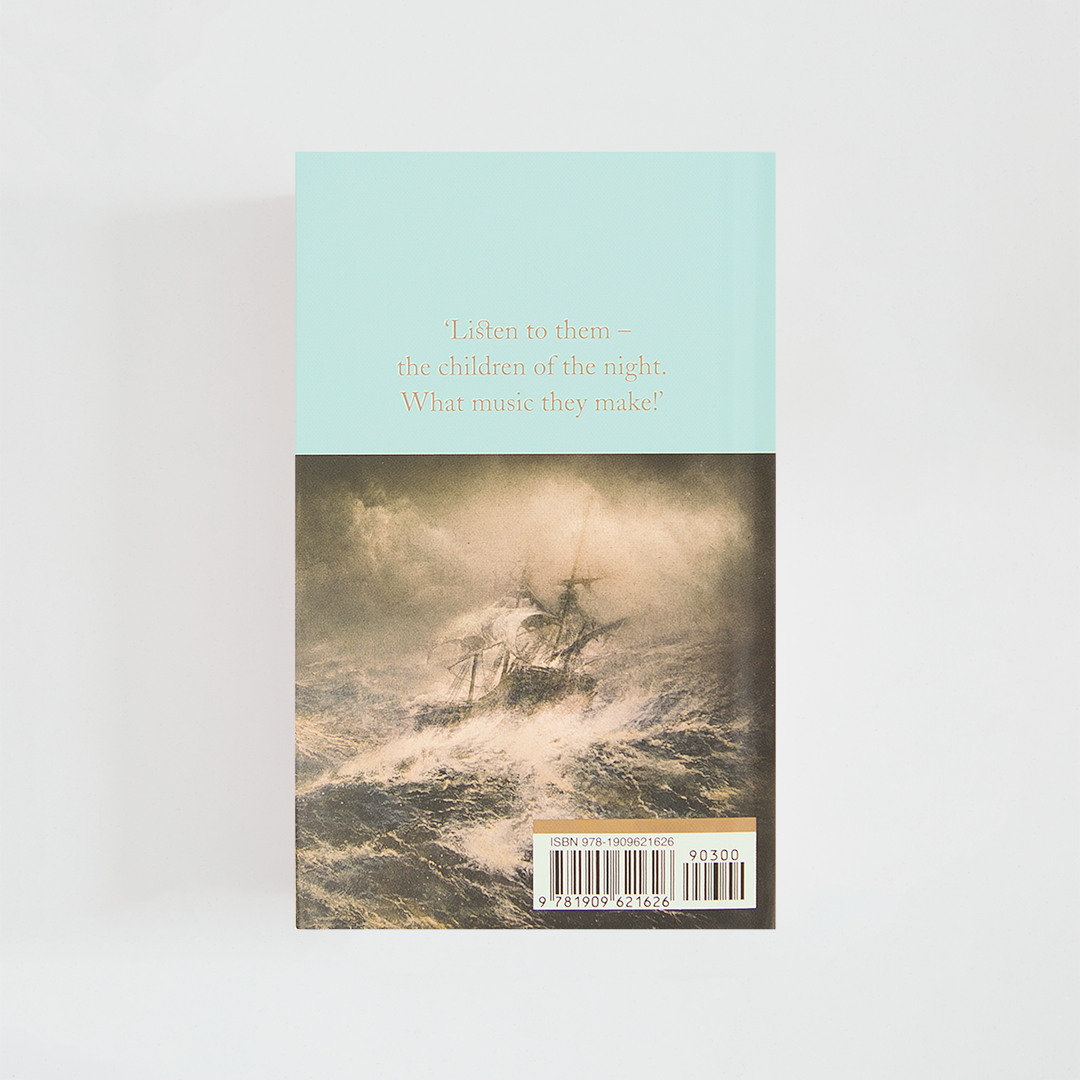 Trasera del libro Dracula de Bram Stoker (The Collector's Library) de color celeste acompañada de imagen inspirada en la novela.