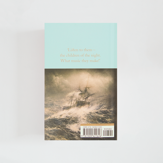 Trasera del libro Dracula de Bram Stoker (The Collector's Library) de color celeste acompañada de imagen inspirada en la novela.