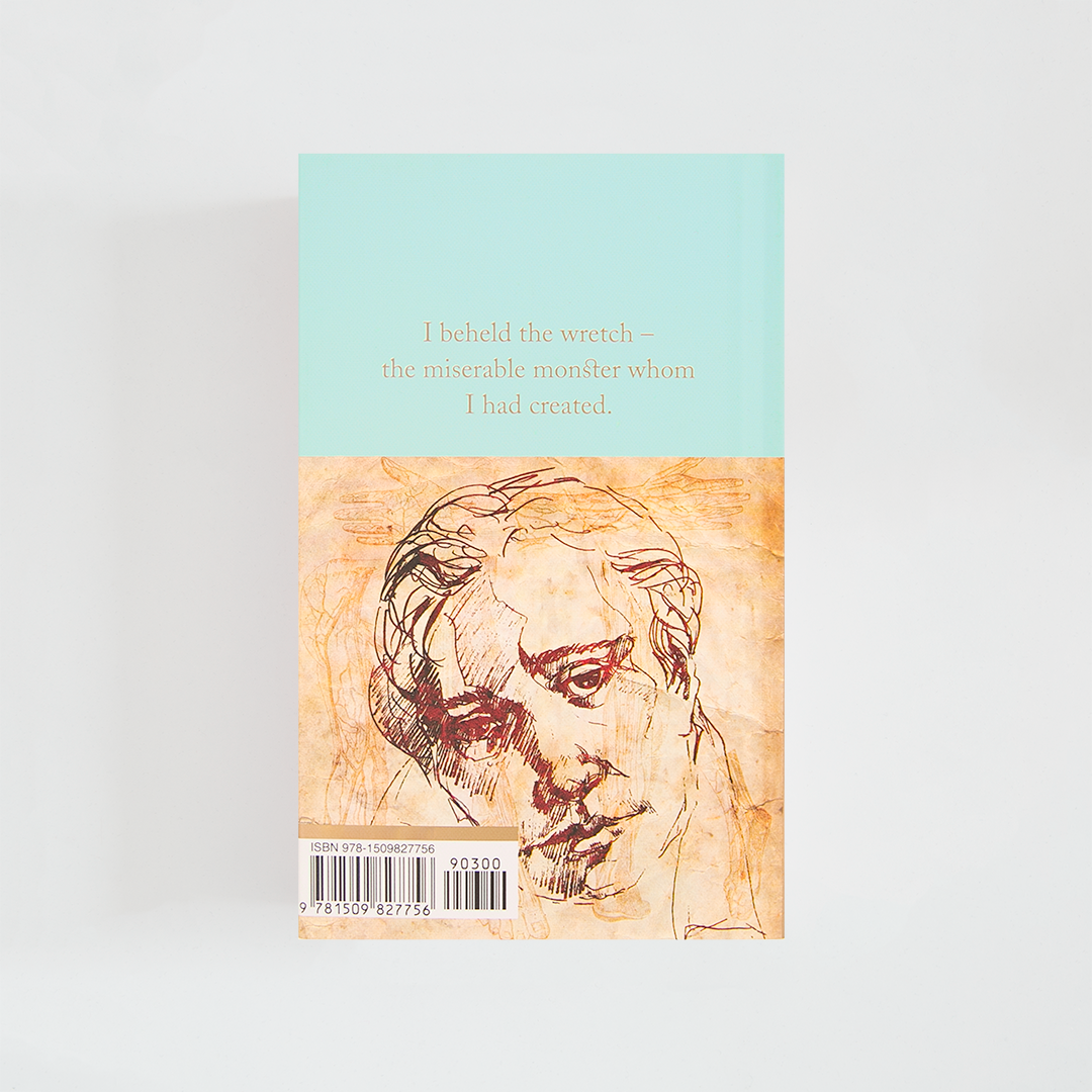 Trasera del libro Frankenstein de Mary Shelley (The Collector's Library) de color celeste acompañada de imagen inspirada en la novela.