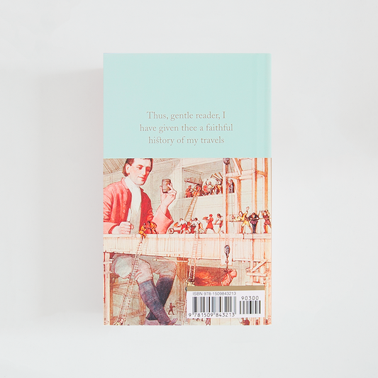 Trasera del libro Gulliver's Travels de Jonathan Swift (The Collector's Library) de color celeste acompañada de imagen inspirada en la novela.