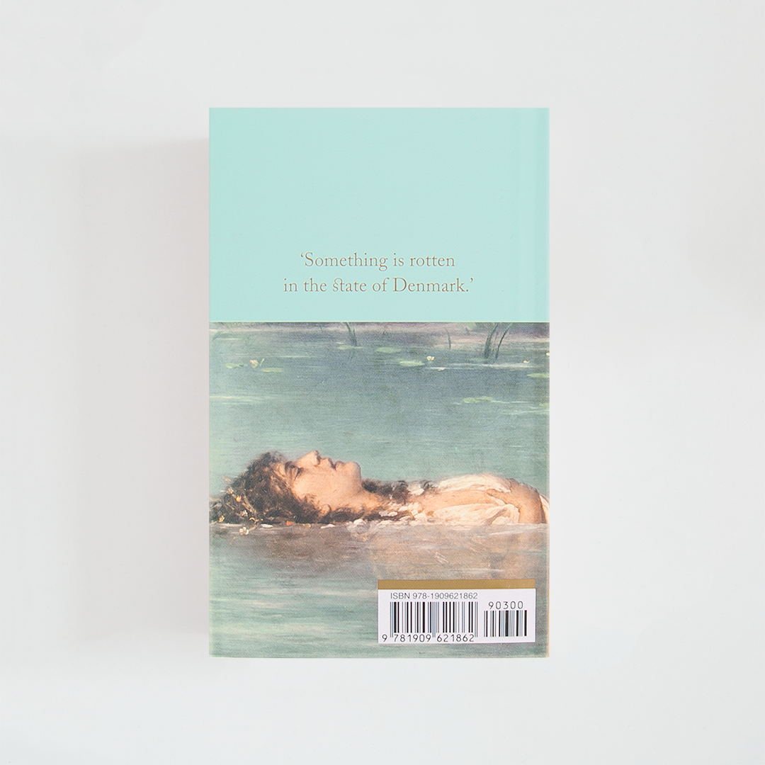 Trasera del libro Hamlet de William Shakespeare (The Collector's Library) de color celeste acompañada de imagen inspirada en la novela.