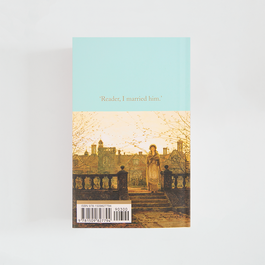 Trasera del libro Jane Eyre de Charlotte Brontë (The Collector's Library) de color celeste acompañada de imagen inspirada en la novela.