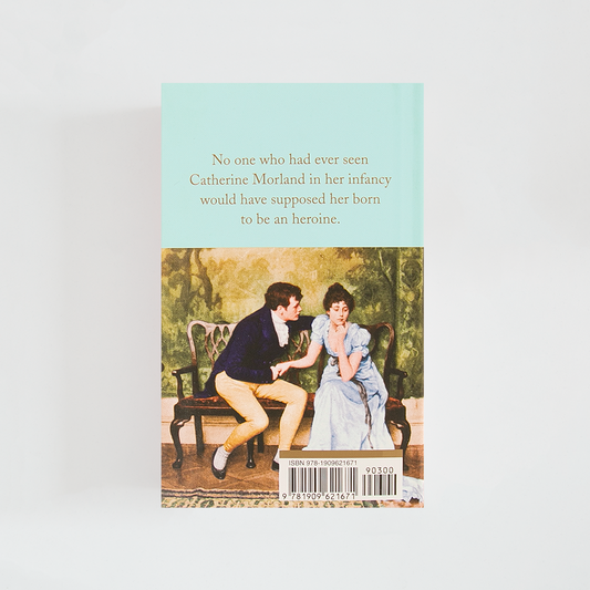 Trasera del libro Northanger Abbey de Jane Austen (The Collector's Library) de color celeste acompañada de imagen inspirada en la novela.