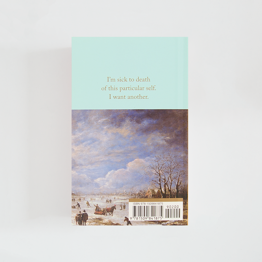 Trasera del libro Orlando de Virginia Woolf (The Collector's Library) de color celeste acompañada de imagen inspirada en la novela.