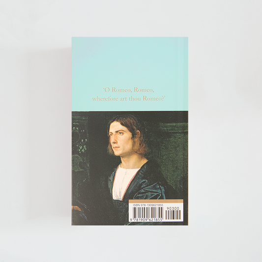 Trasera del libro Romeo and Juliet de William Shakespeare (The Collector's Library) de color celeste acompañada de imagen inspirada en la novela.