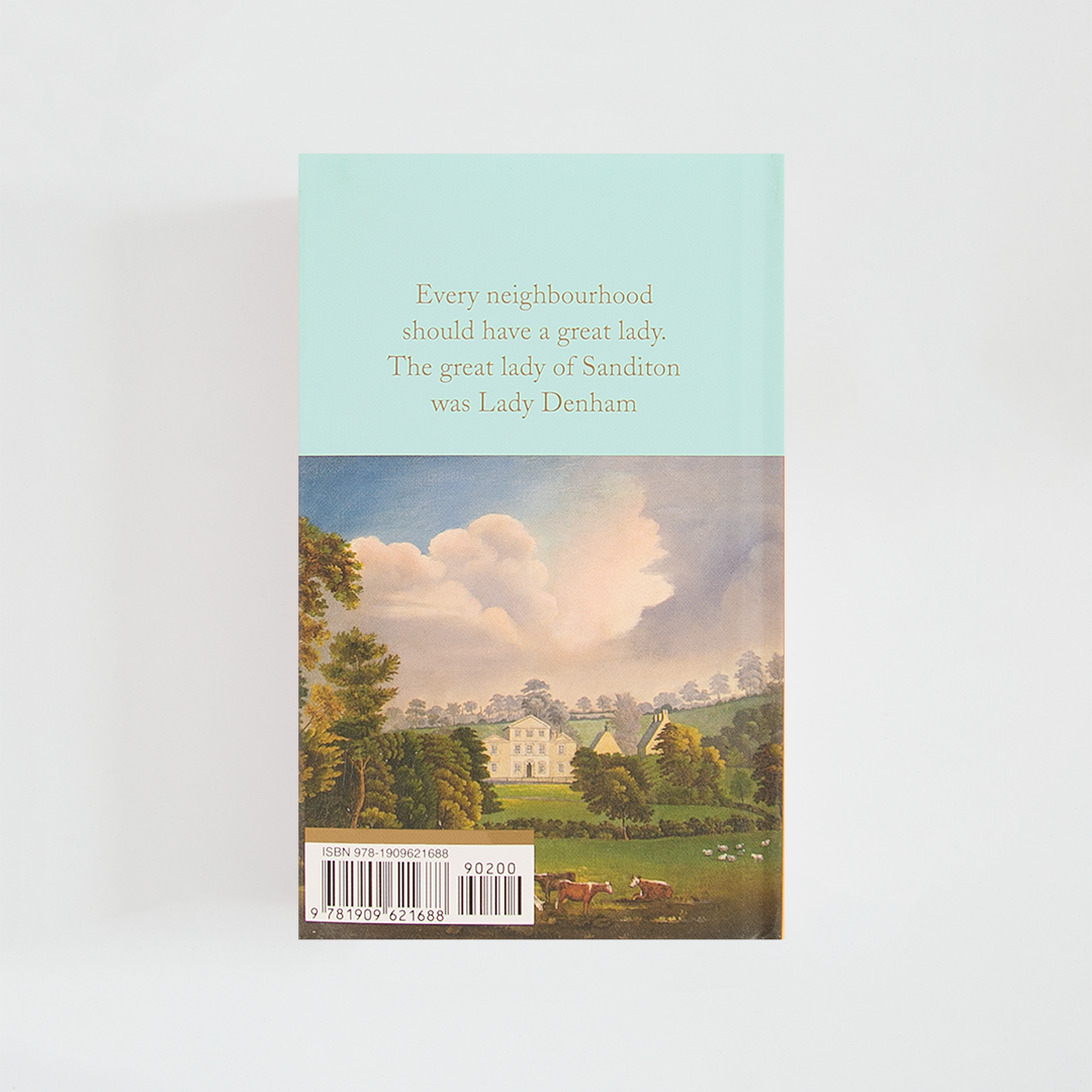 Trasera del libro Sanditon, Lady Susan & The History of England de Jane Austen (The Collector's Library) de color celeste acompañada de imagen inspirada en la novela.