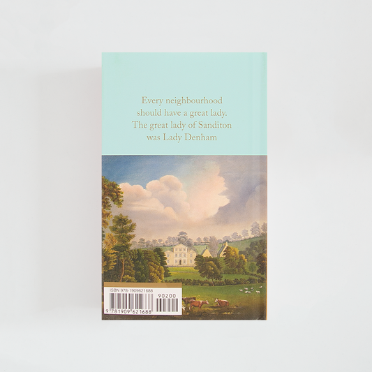 Trasera del libro Sanditon, Lady Susan & The History of England de Jane Austen (The Collector's Library) de color celeste acompañada de imagen inspirada en la novela.