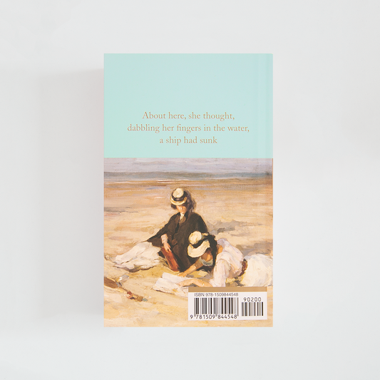 Trasera del libro To the Lighthouse de Virginia Woolf (The Collector's Library) de color celeste acompañada de imagen inspirada en la novela.