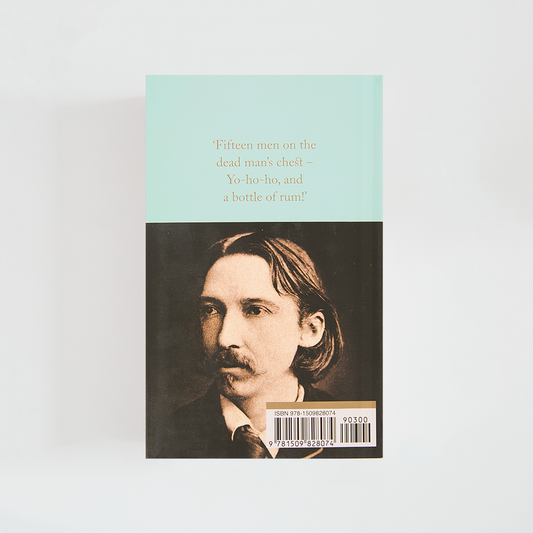 Trasera del libro Treasure Island de Robert Louis Stevenson (The Collector's Library) de color celeste acompañada de imagen inspirada en la novela.
