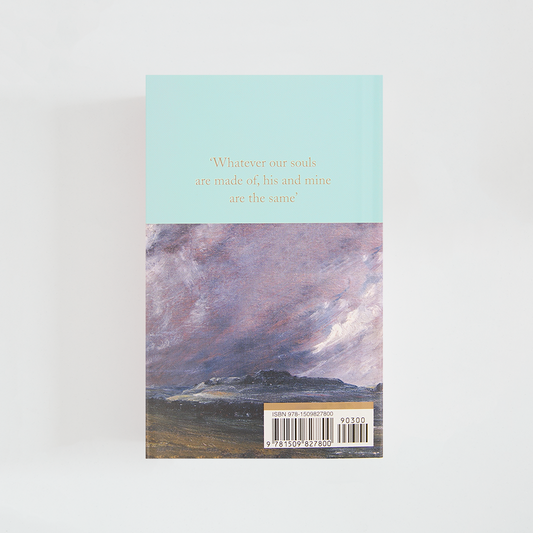 Trasera del libro Wuthering Heights de Emily Brontë (The Collector's Library) de color celeste acompañada de imagen inspirada en la novela.