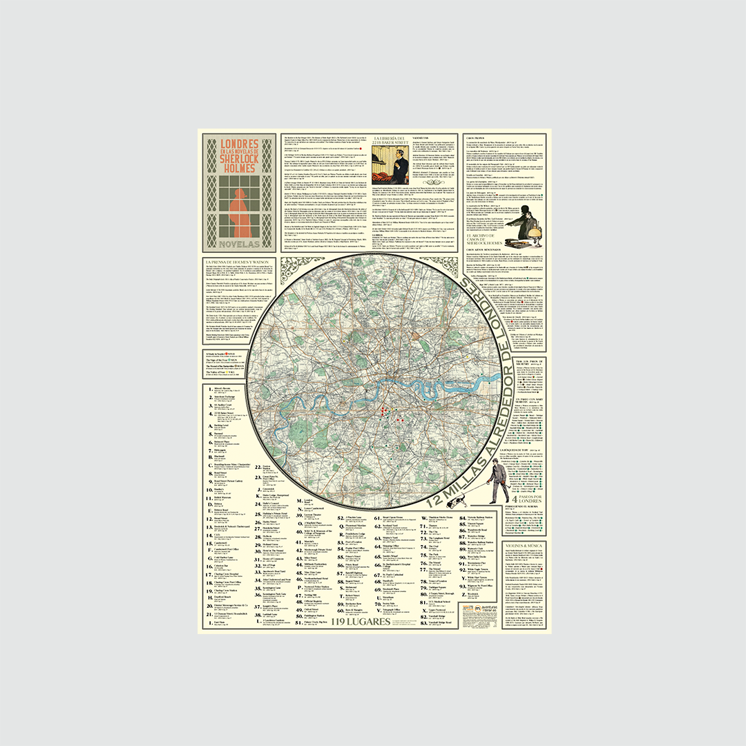Cuaderno de viaje de Londres en las novelas de Sherlock Holmes desplegado sobre fondo blanco.
