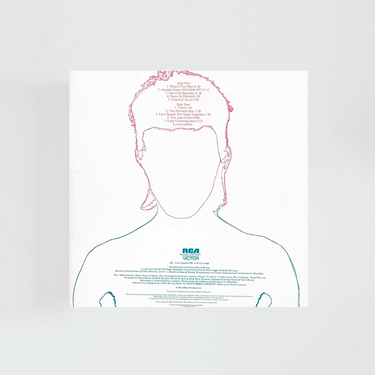 Contraportada del álbum “Aladdin Sane” de David Bowie, con el retrato posterior del artista mostrando la silueta sobre fondo blanco, acompañado del listado de canciones y créditos del disco.