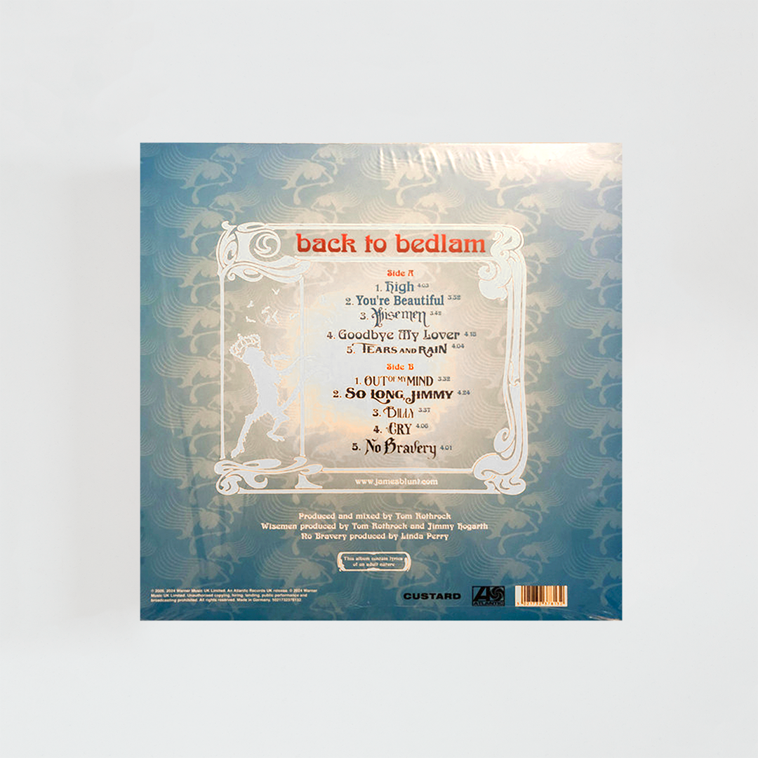 Contraportada del vinilo Back to Bedlam de James Blunt, mostrando el listado de canciones del álbum de pop rock británico de 2004 y créditos del artista.