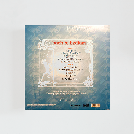 Contraportada del vinilo Back to Bedlam de James Blunt, mostrando el listado de canciones del álbum de pop rock británico de 2004 y créditos del artista.