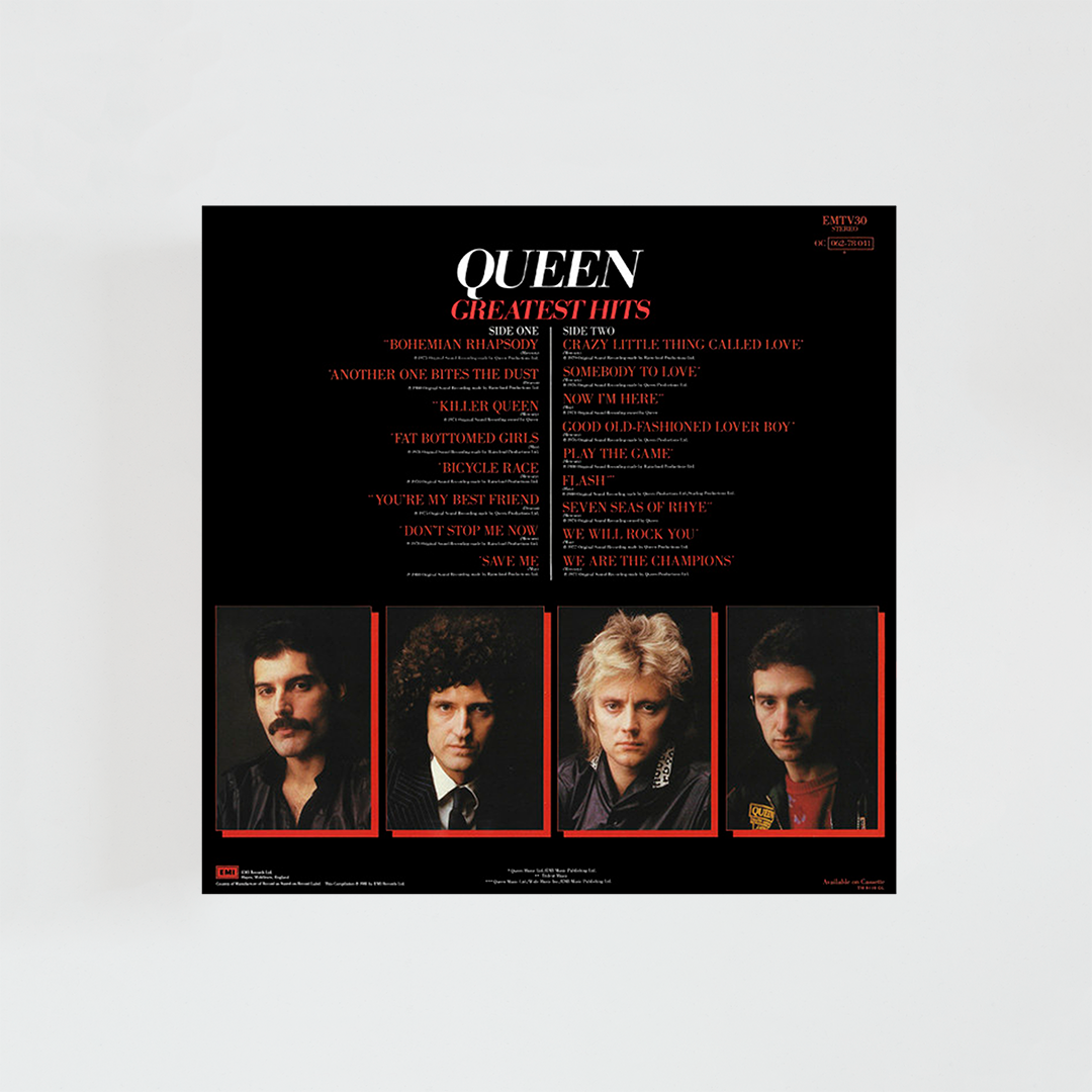 Contraportada del vinilo Greatest Hits de Queen, mostrando el listado de canciones del álbum recopilatorio de sus mayores éxitos, álbum de rock británico de 1981.