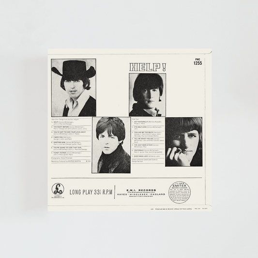 Contraportada del vinilo Help! de The Beatles, mostrando fotos de los cuatro miembros en diferentes poses y el listado de canciones del álbum clásico de rock británico de 1965.
