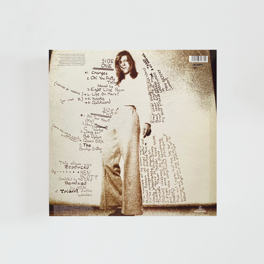 Contraportada del vinilo Hunky Dory de David Bowie, mostrando el listado de canciones del álbum clásico de glam rock británico de 1971 y créditos del artista.