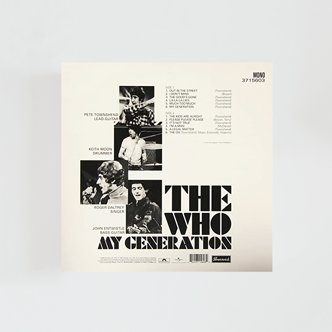 Contraportada del vinilo My Generation (Half-Speed Remastered) de The Who, mostrando el listado de canciones y créditos del álbum clásico de rock británico de 1965.