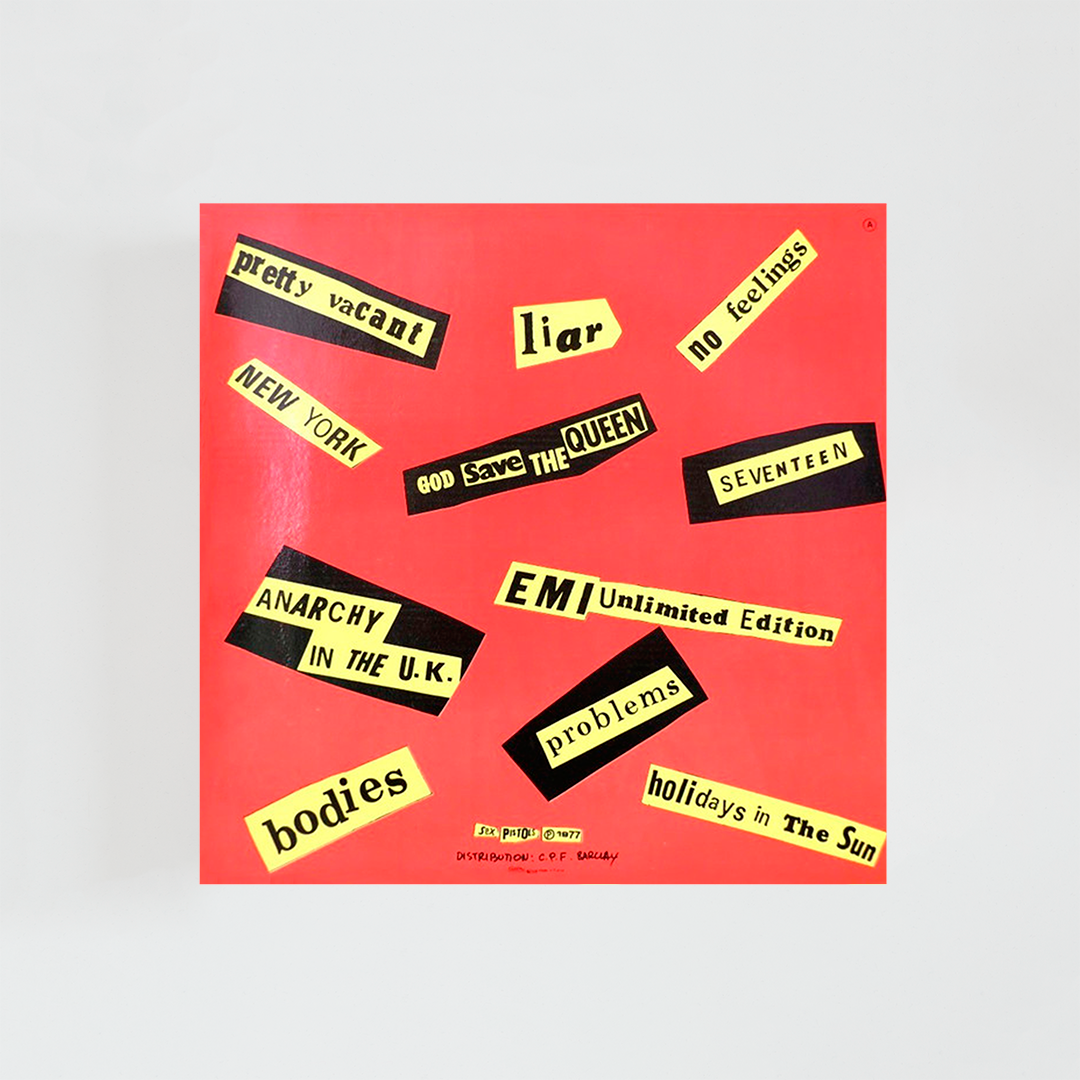 Contraportada del vinilo Never Mind the Bollocks, Here’s the Sex Pistols de Sex Pistols, mostrando el listado de canciones y créditos del álbum emblemático de punk británico de 1977.