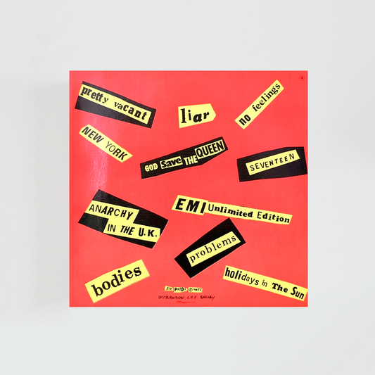 Contraportada del vinilo Never Mind the Bollocks, Here’s the Sex Pistols de Sex Pistols, mostrando el listado de canciones y créditos del álbum emblemático de punk británico de 1977.