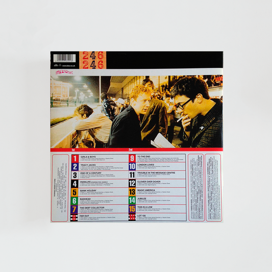 Contraportada del vinilo Parklife de Blur, mostrando el listado de canciones del álbum emblemático de britpop británico de 1994 y créditos de la banda.