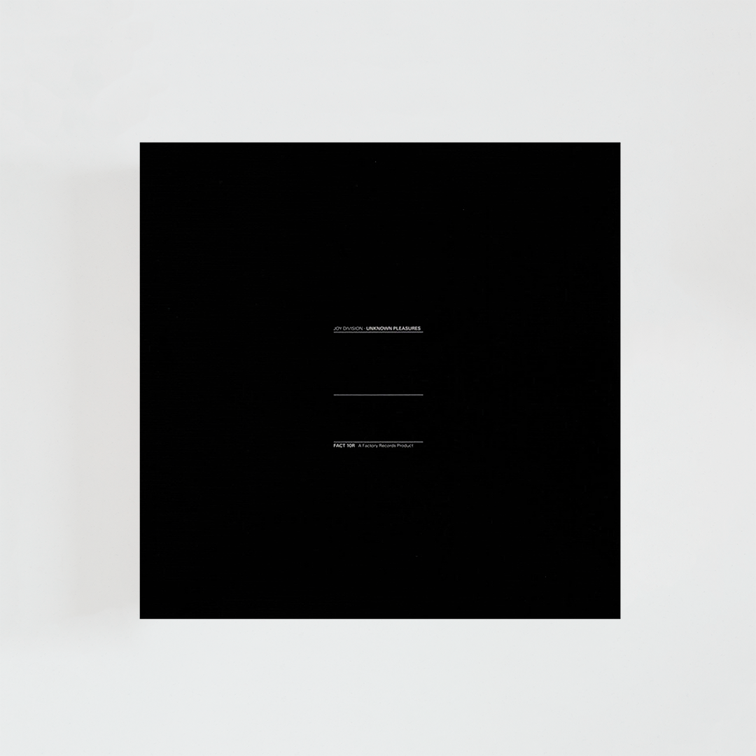 Contraportada del vinilo Unknown Pleasures de Joy Division, mostrando el listado de canciones del álbum influyente de post-punk británico de 1979 y créditos de la banda.