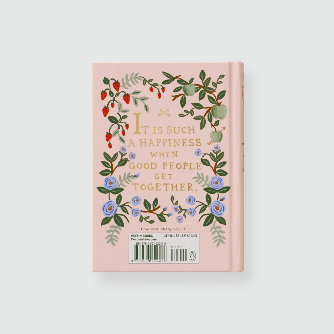 Contraportada del libro Emma de color rosa claro con ilustraciones de ornamentación clásica.