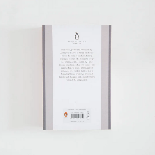 Trasera gris y roja con sinopsis del libro en inglés Jane Eyre de Charlotte Brontë de la colección Penguin English Library sobre fondo blanco.