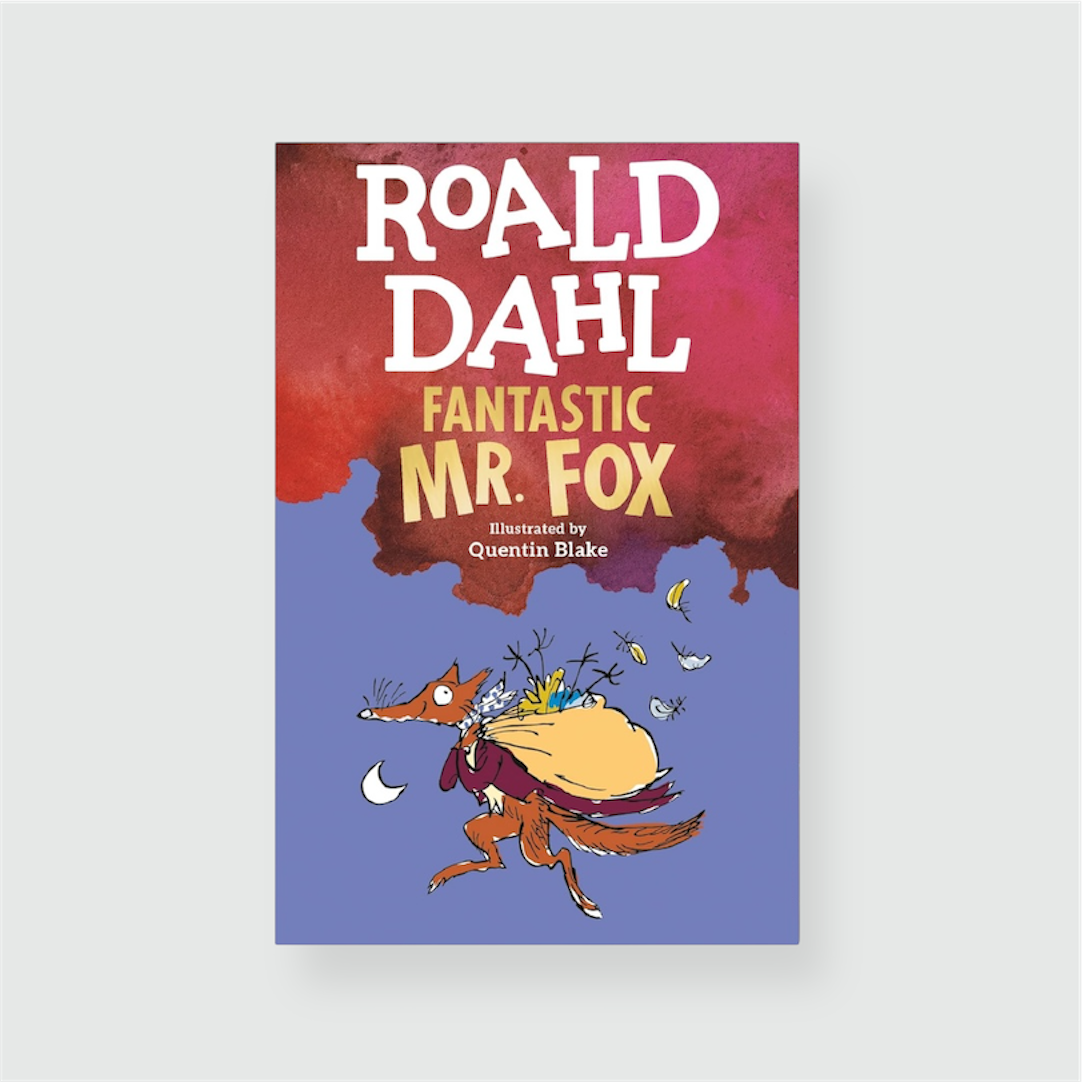 Portada del libro Fantastic Mr.Fox de Roald Dahl de tonos rojizos y azules con ilustración de Mr.Fox.