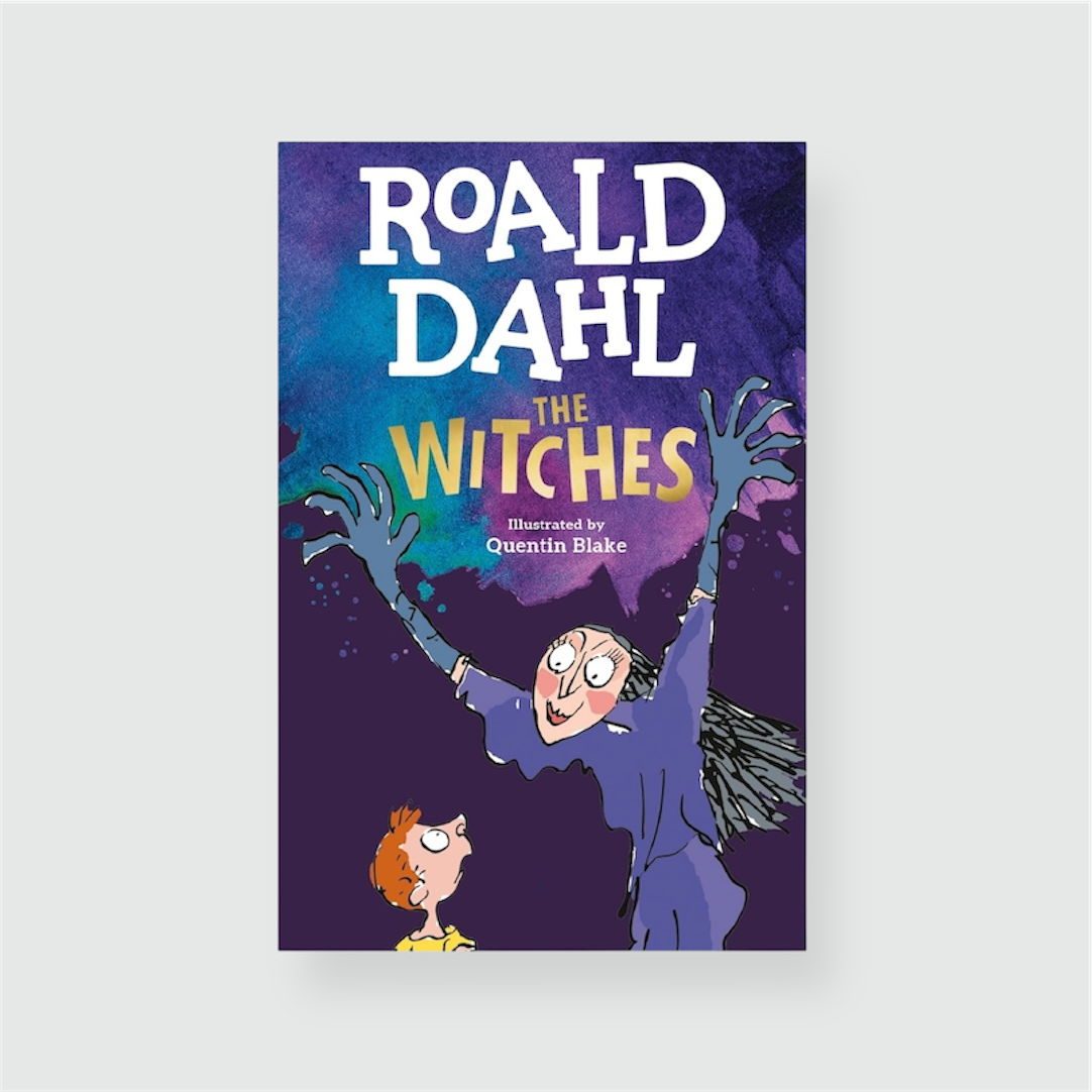Portada del libro The Witches de Roald Dahl con portada morada e ilustración de una de las brujas y un niño.