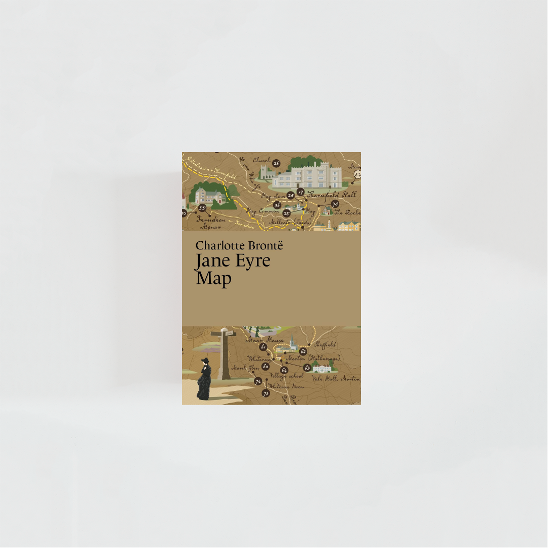 Portada del mapa literario de Jane Eyre con el título de la obra y el nombre la autora, Charlotte Brontë, donde predominan tonos marrones e ilustraciones de la novela.