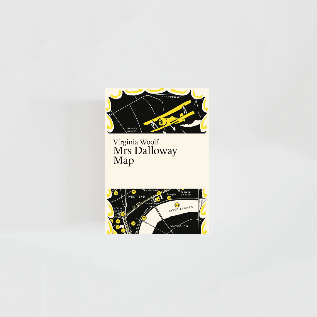 Portada del mapa literario de Mrs Dalloway con el título de la obra y el nombre la autora, Virginia Woolf, donde predominan colores negros y amarillos e ilustraciones de la novela.