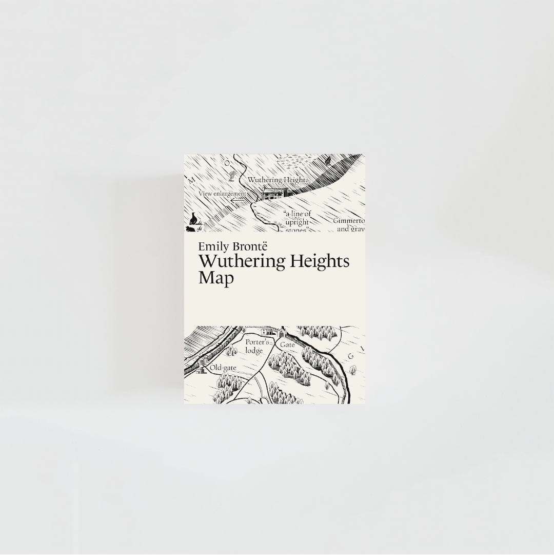 Portada del mapa literario de Whutering Heights con el título de la obra y el nombre la autora, Emily Brontë, donde predominan colores blancos y negros e ilustraciones de la novela.