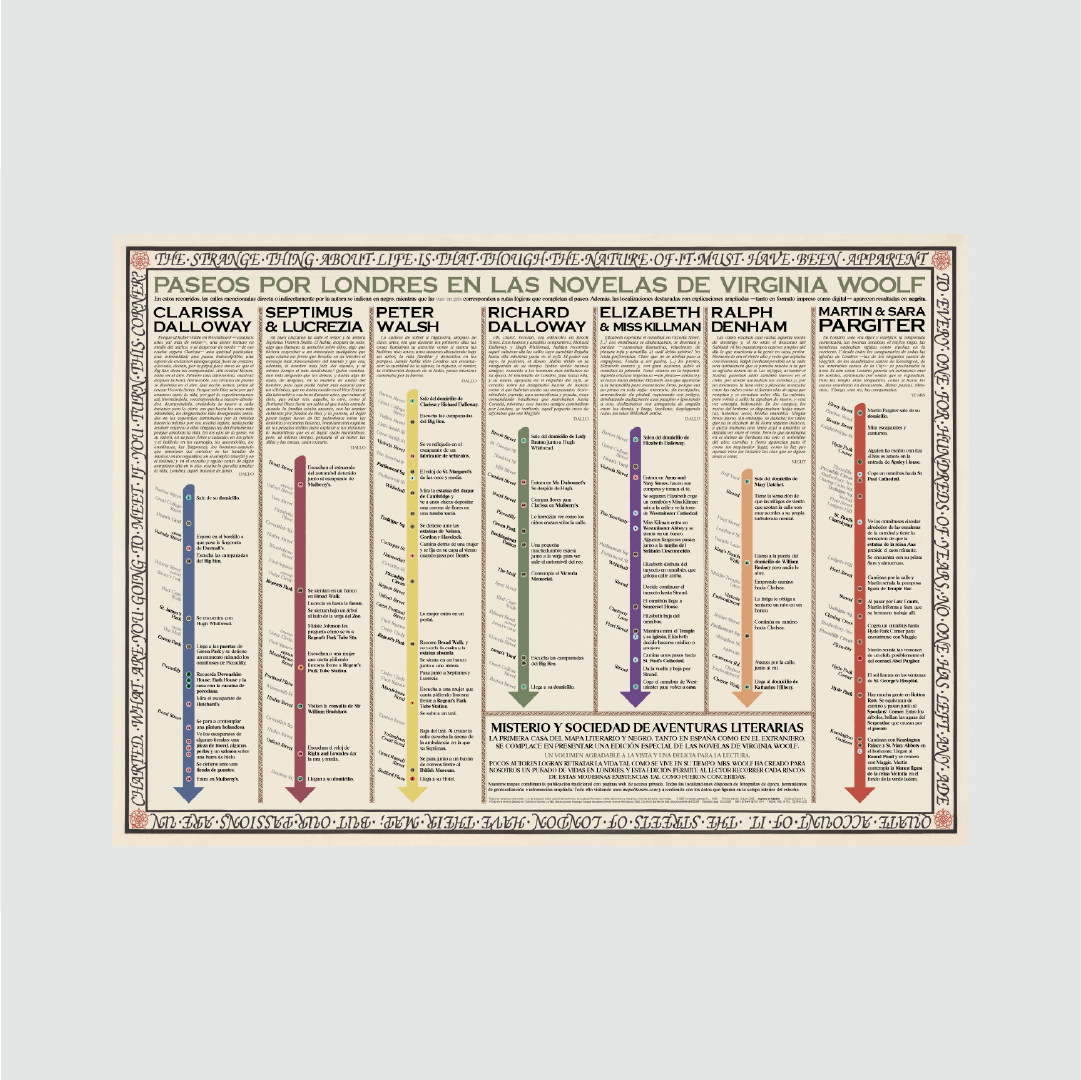 Trasera del mapa de Londres en las novelas de Virginia Woolf desplegado sobre fondo blanco.