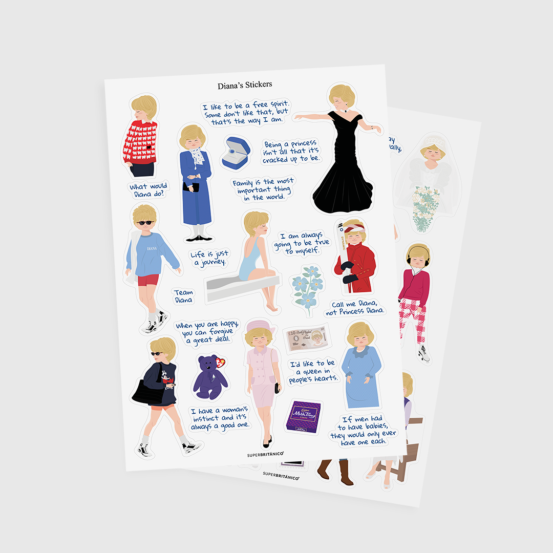 Dos hojas de pegatinas con ilustraciones y texto de la princesa Diana sobre fondo blanco.
