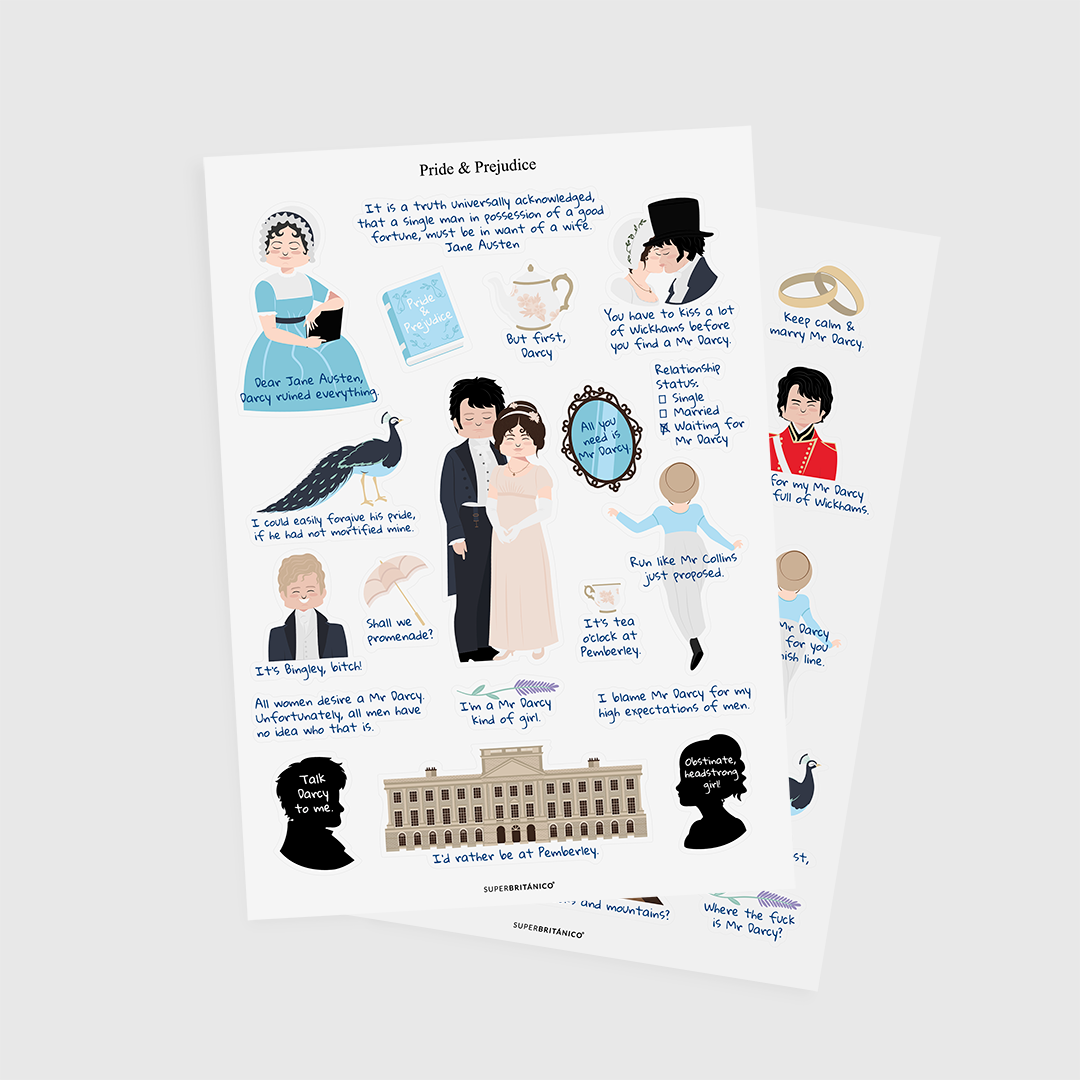 Pack de dos pegatinas con ilustraciones y textos de Orgullo y prejuicio sobre fondo blanco.