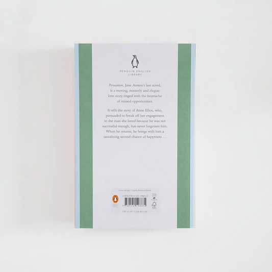 Trasera verde y celeste con sinopsis del libro en inglés Persuasion de Jane Austen de la colección Penguin English Library sobre fondo blanco.