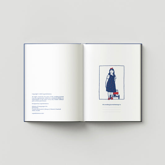 Primeras páginas del Reading Journal abiertas, con una ilustración de Matilda y espacio para escribir el nombre del propietario.