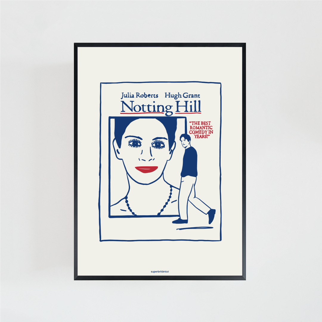 Póster inspirado en el cartel original de Notting Hill, una de las romcoms más emblemáticas del cine británico. Predominan el color rojo y azul.
