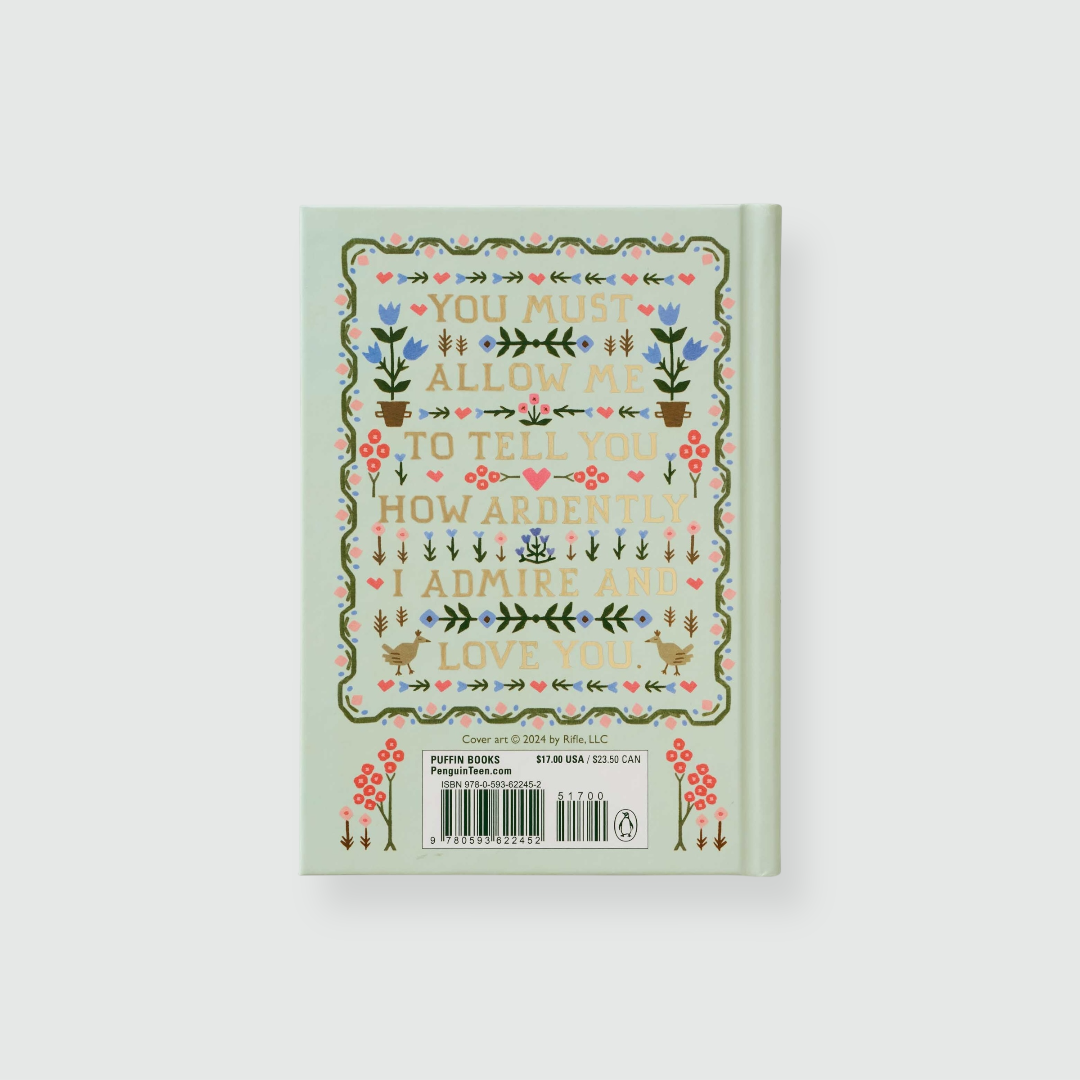 Contraportada del libro Pride and Prejudice de color verde claro con ilustraciones de ornamentación clásica.