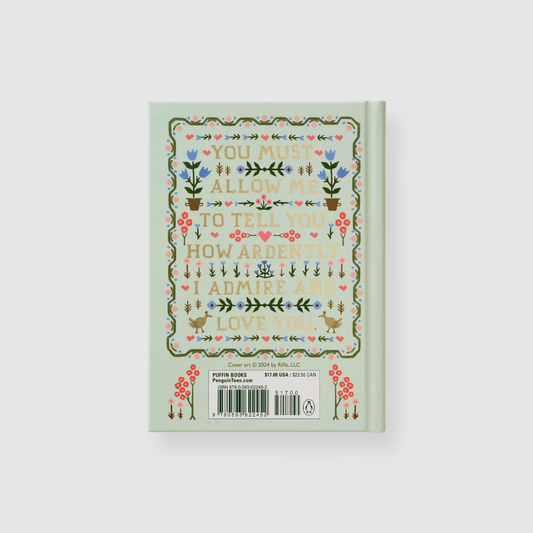 Contraportada del libro Pride and Prejudice de color verde claro con ilustraciones de ornamentación clásica.